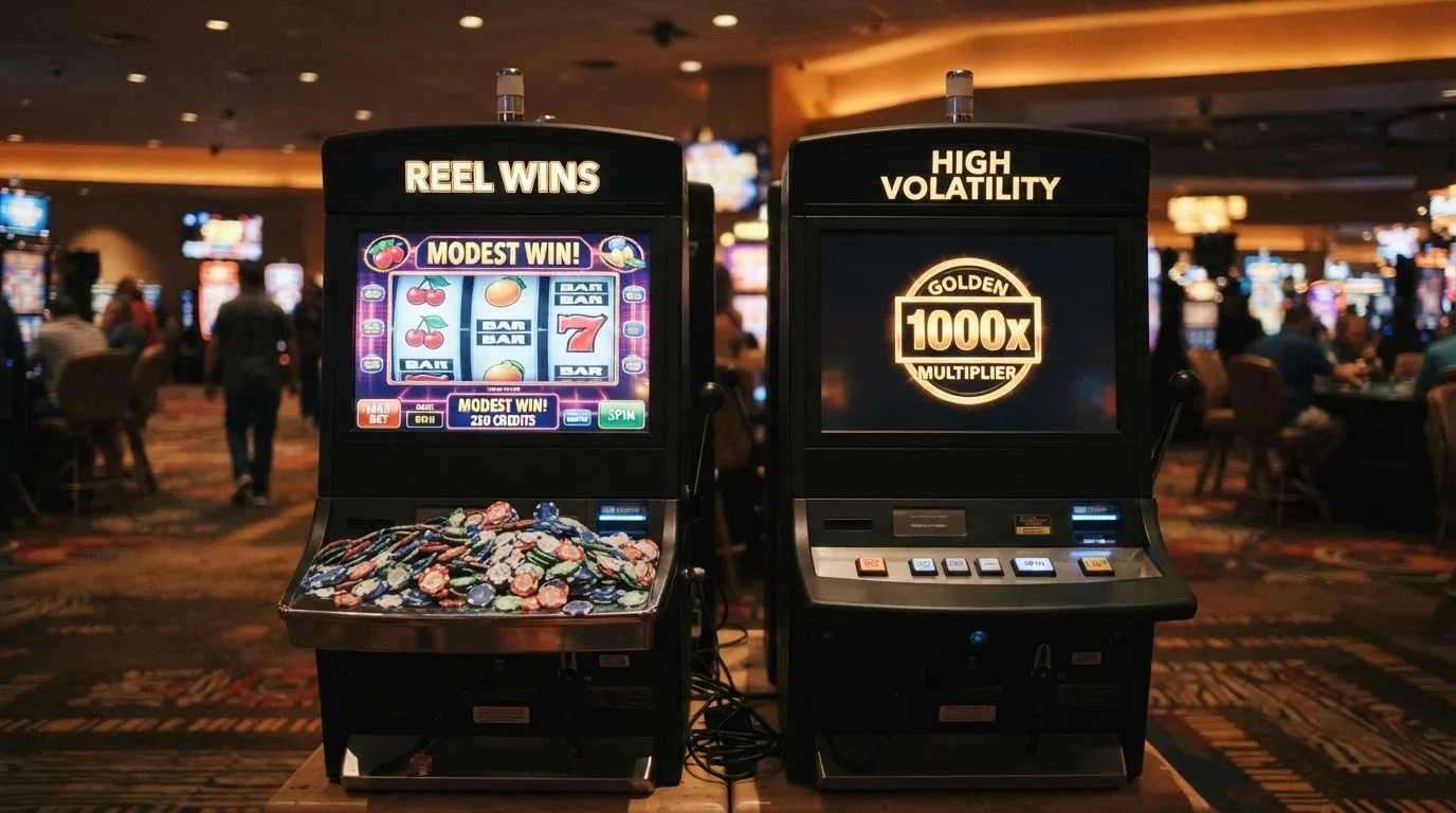 Due slot machine affiancate: una produce vincite piccole e frequenti, l'altra vincite rare ma molto alte — stesso RTP, due esperienze opposte