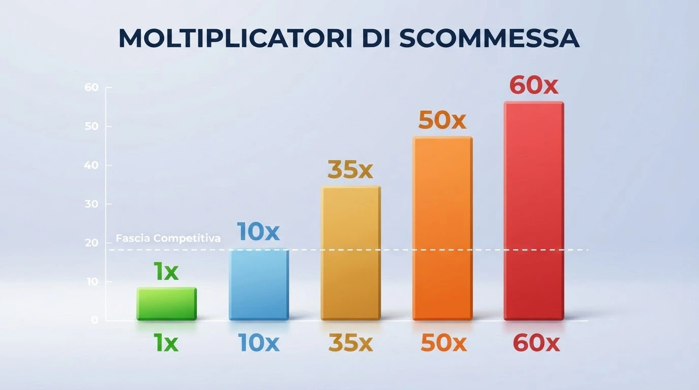 Grafico comparativo dei livelli di wagering sugli operatori ADM recensiti: da 1x (real bonus) a 100x, con evidenza della fascia competitiva