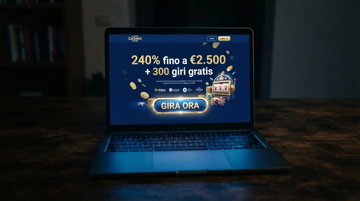 Una schermata promozionale con la grafica di un casinò online che evidenzia «240% fino a €2.500 + 300 giri gratis» su sfondo blu scuro